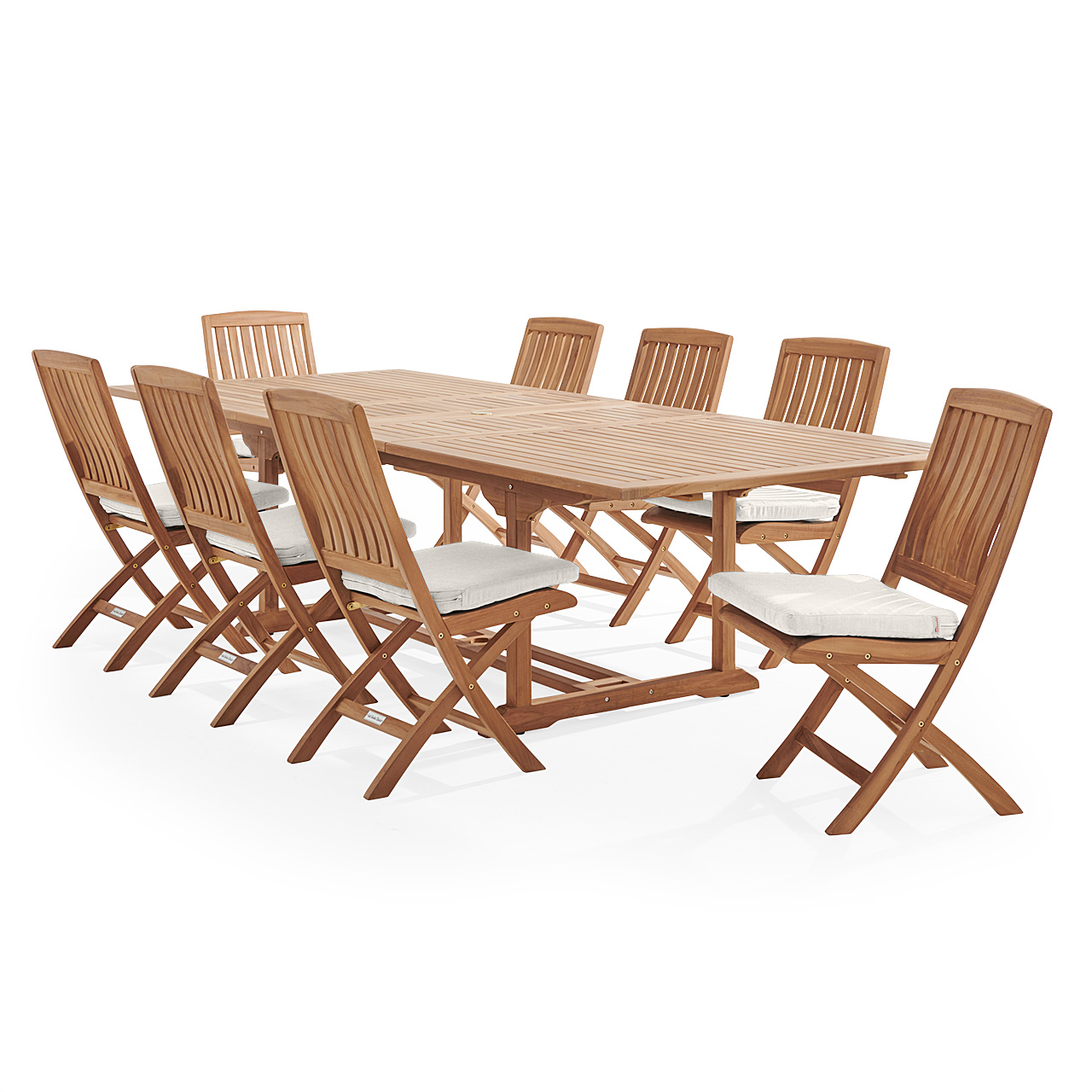 Westport Teak with Cushions 9 Piece Armless Dining Set + Bristol 87-118 x 47 in. Extension Table (Mist)