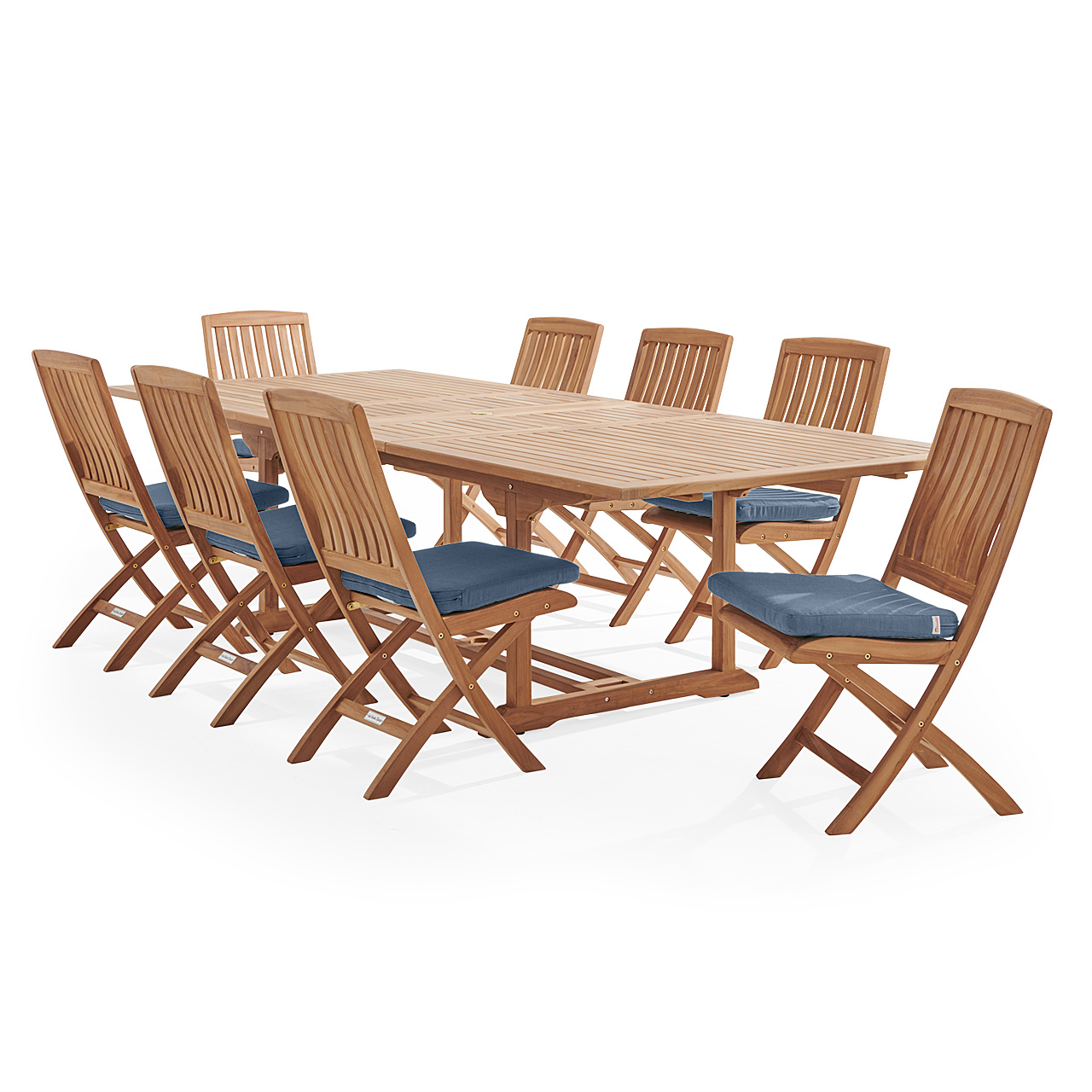Westport Teak with Cushions 9 Piece Armless Dining Set + Bristol 87-118 x 47 in. Extension Table (Spectrum Denim)