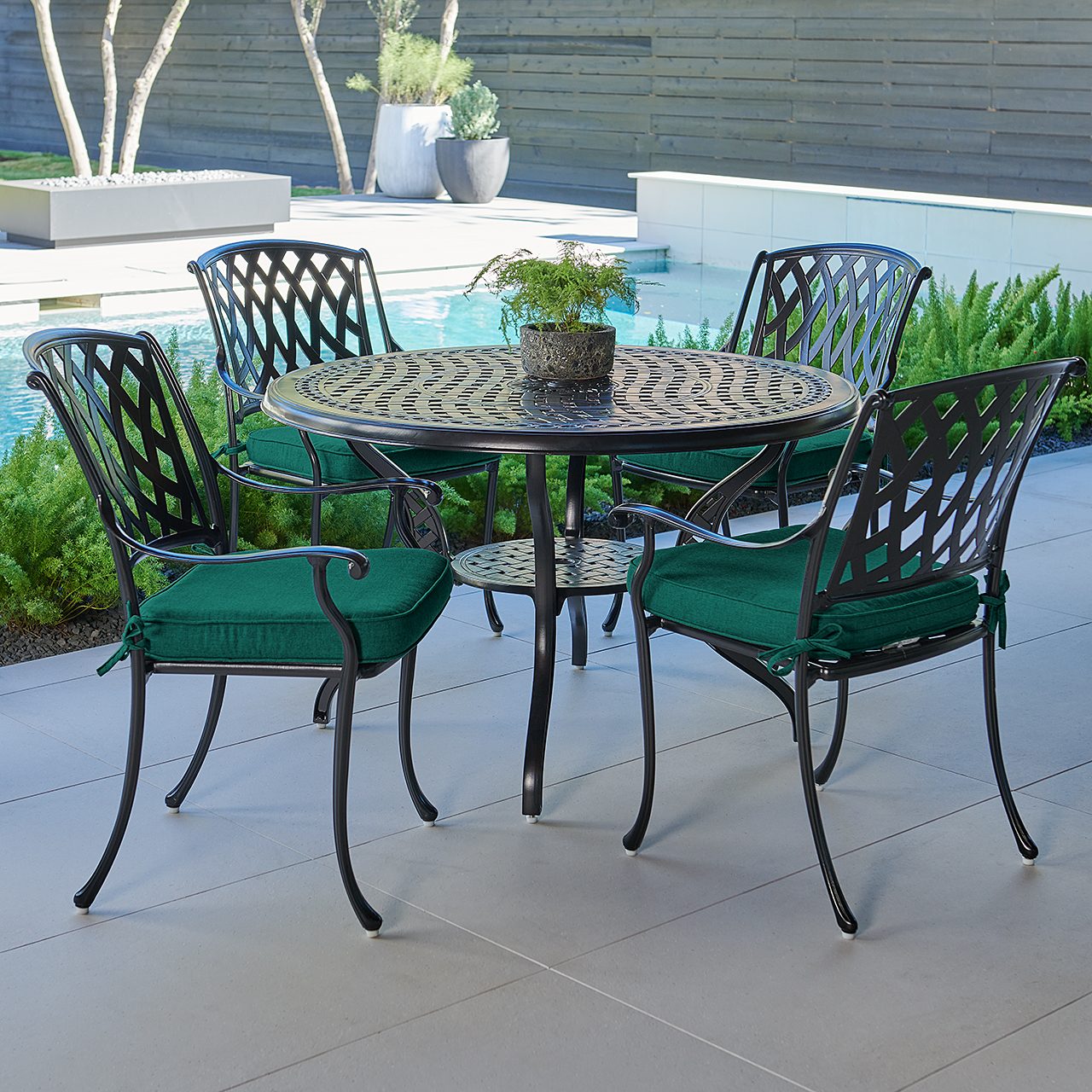 Tivoli Matte Black Cast Aluminum with Cushions 5 Piece Dining Set + 48 in. D Table (Canvas Forest Green)