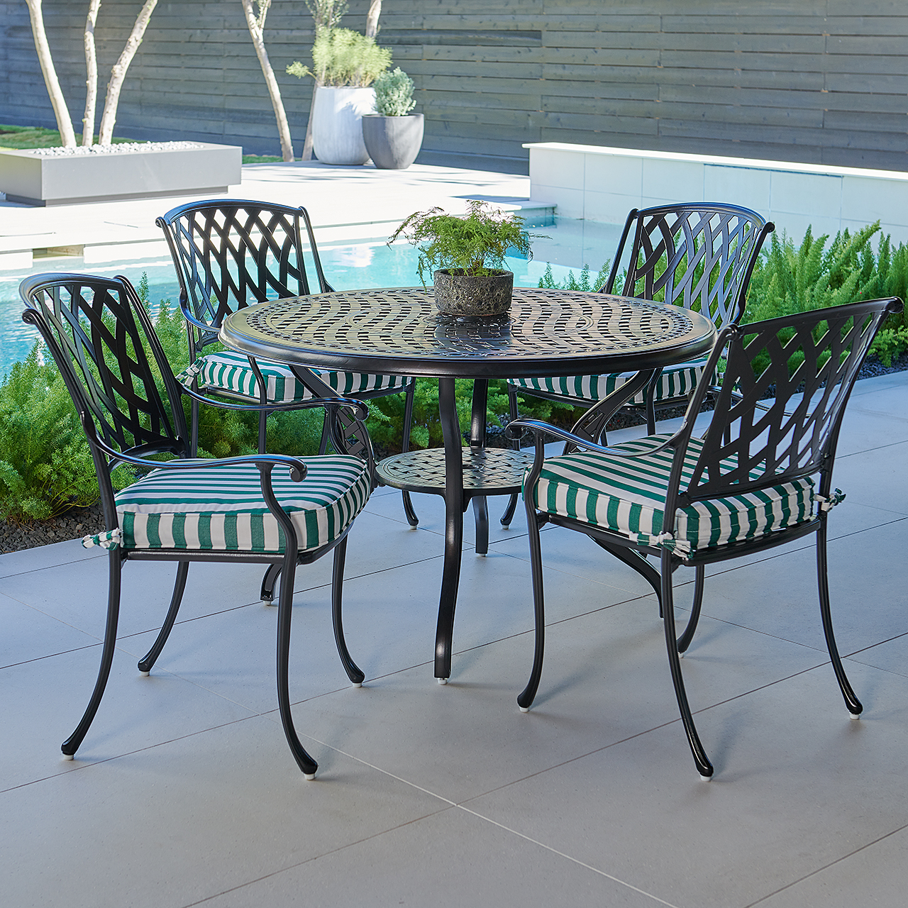 Tivoli Matte Black Cast Aluminum with Cushions 5 Piece Dining Set + 48 in. D Table (Mason Forest Green)