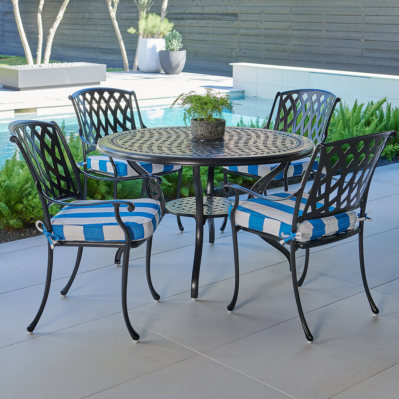 Tivoli Matte Black Cast Aluminum with Cushions 5 Piece Dining Set + 48 in. D Table (Cabana Regatta)