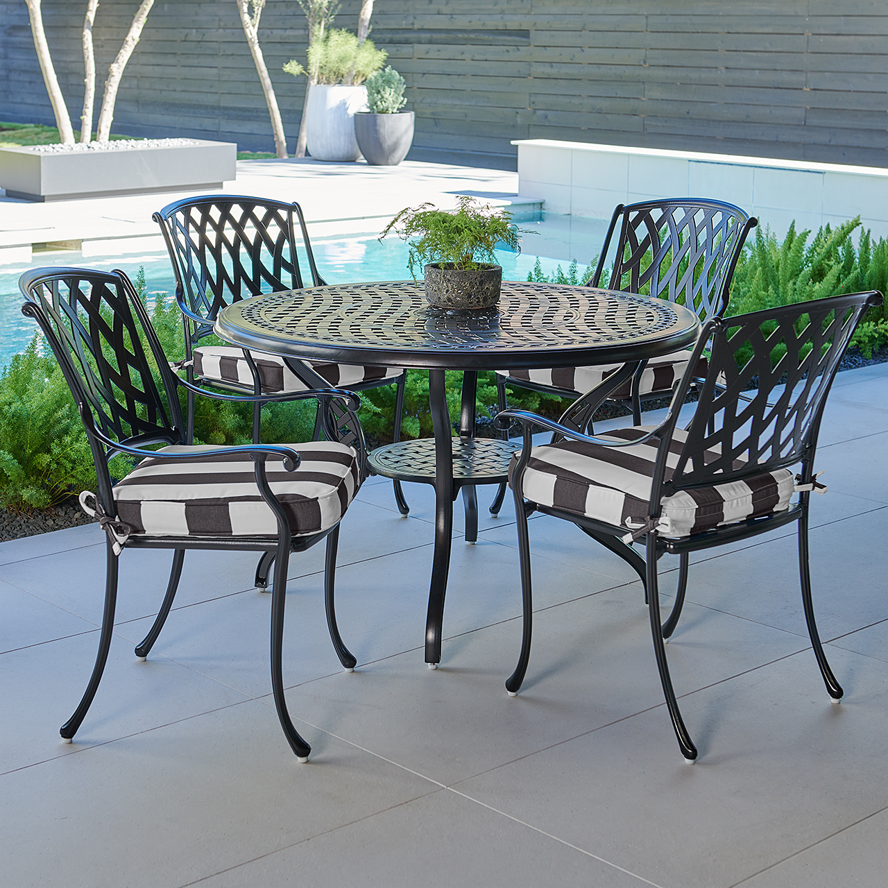 Tivoli Matte Black Cast Aluminum with Cushions 5 Piece Dining Set + 48 in. D Table (Cabana Classic)