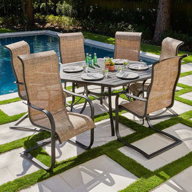 Cape Coral Java Aluminum and Desert Wicker Sling 7 Pc. Dining Set with ...