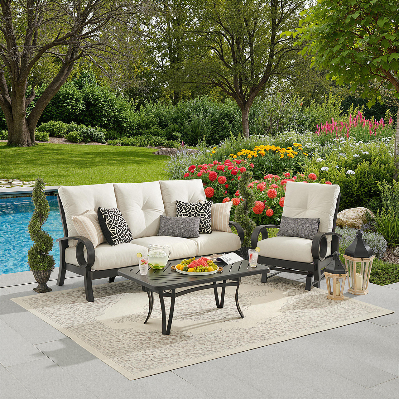 Eclipse Autumn Rust Aluminum with Pashmina Cloud Cushions 3 Piece Sofa Group + 50 x 28 in. Slat Top Coffee Table (White)