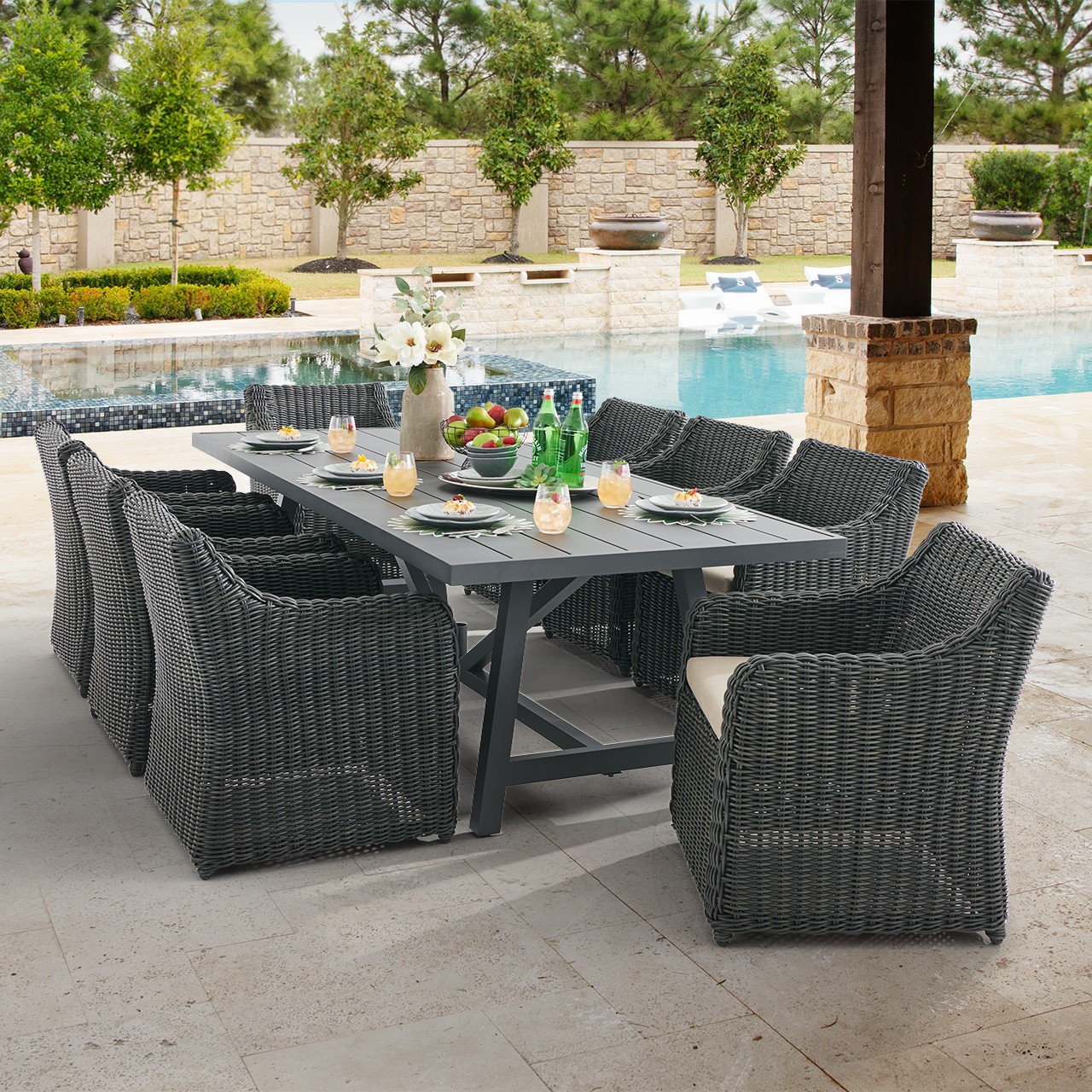 Laguna Smoke Outdoor Wicker with Cushions 9 Piece Dining Set + Montecito 100 x 40 in. Table (Cast Pumice)