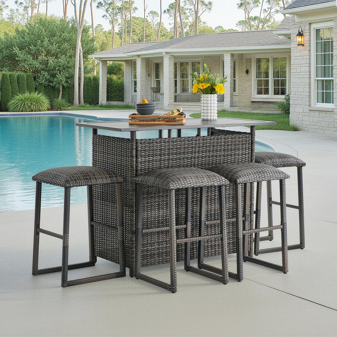 Venice Silver Oak Outdoor Wicker 5 Piece Bar Set with Backless Barstools + 54 x 27 in. Party Table