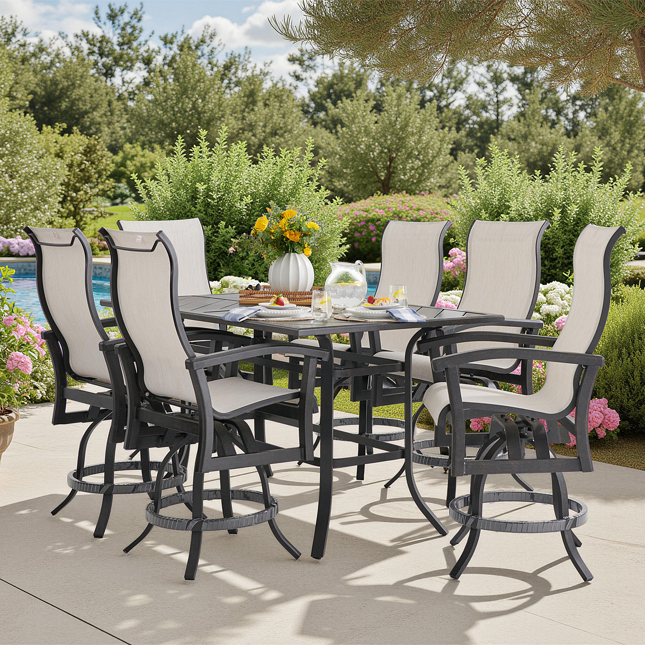 Fairmont Rustic Bronze Aluminum with Site Linen Sling 7 Piece Gathering Height Set + 70 x 42 in. Table
