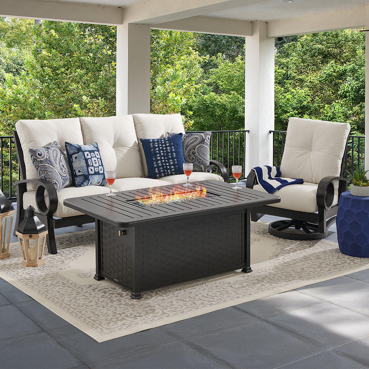 Eclipse Autumn Rust Aluminum with Pashmina Cloud Cushions 3 Piece Swivel Sofa Group + 58 x 36 in. Slat Top Gas Fire Pit (White)