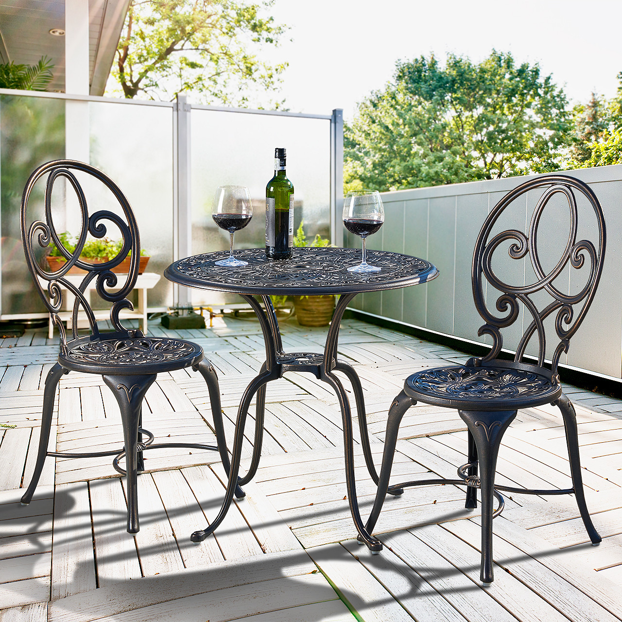 San Paulo Antique Onyx Cast Aluminum 3 Piece Bistro Set + 28 in. D Table (Black Finish)