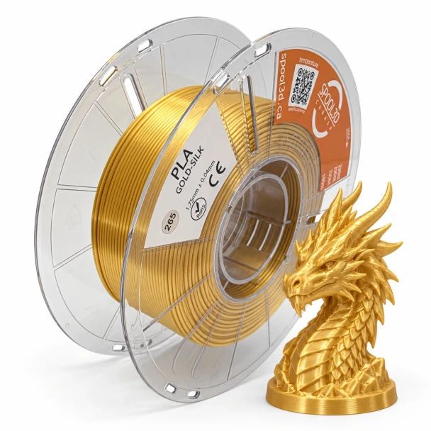 Spool3D Silk Gold PLA 1.75mm 500g filament spool, metallic gold colour and product label