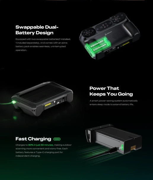 Creality Sermoon P1 3D scanner with swappable 3300mAh batteries and USB-C fast charging