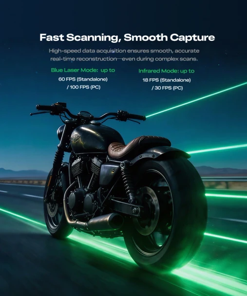 Creality Sermoon P1 3D scanner demonstrating fast blue laser and infrared motorcycle scanning