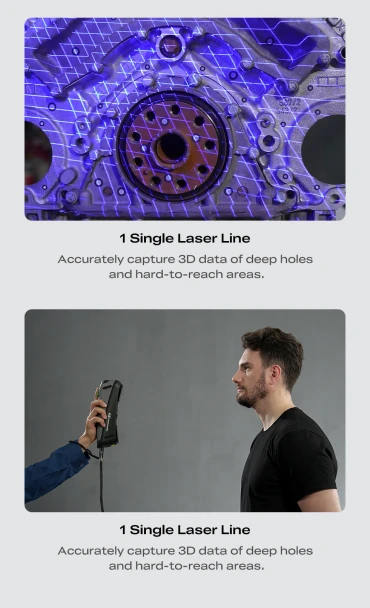 Creality Sermoon S1 3D scanner single blue laser line scanning an engine component and a person
