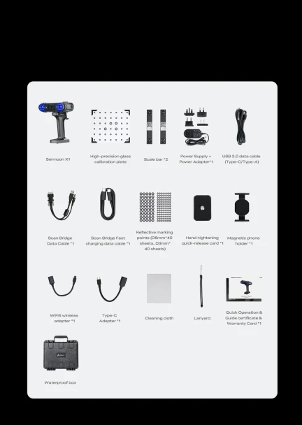 Creality Sermoon X1 3D scanner package contents with Scan Bridge, scale bars, calibration plate, markers, cables and waterproof case