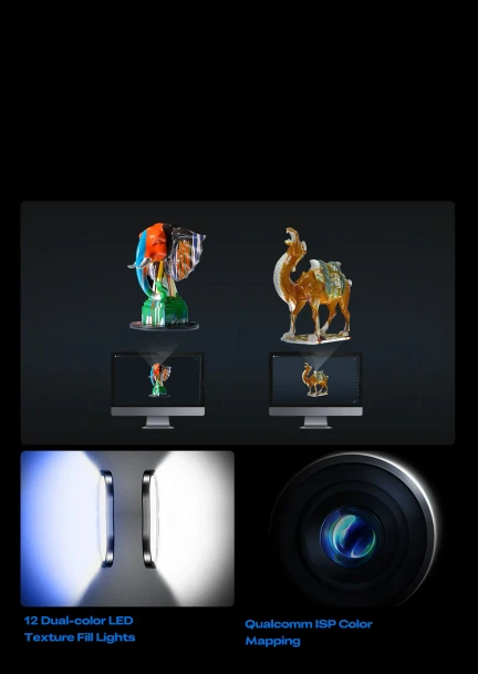 Creality Sermoon X1 3D scanner full-colour texture capture with dual-colour LED lights and Qualcomm ISP colour mapping
