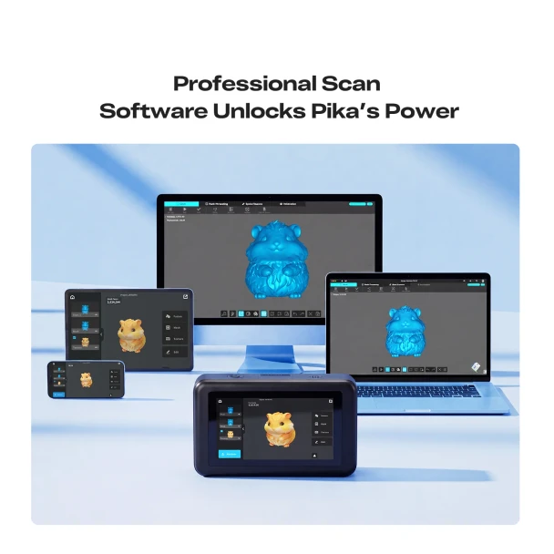 Creality Pika 3D scanner software displayed across desktop, laptop, tablet, phone and the built-in screen