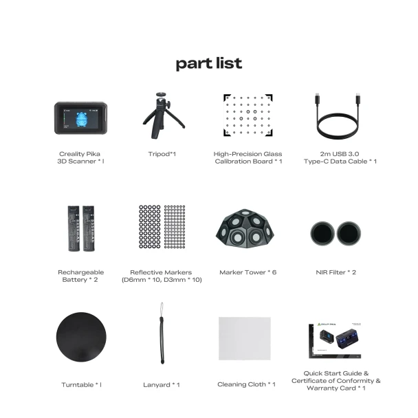 Creality Pika 3D scanner package contents with tripod, calibration board, batteries, markers, filters and turntable