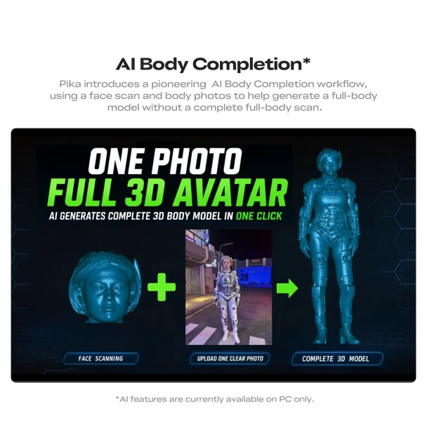 Creality Pika 3D scanner AI body completion workflow generating a full 3D avatar from a face scan and photo