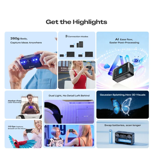 Creality Pika portable AI 3D scanner feature highlights including dual-light scanning, three connection modes, 110 FPS capture, quick-swap batteries and Gaussian Splatting