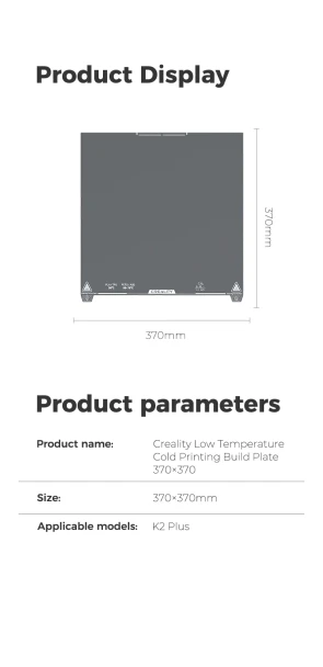 Creality K2 Plus low-temperature cold printing build plate measuring 370 × 370 mm
