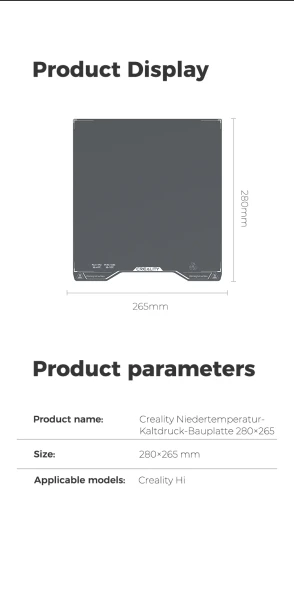 Creality Hi low-temperature cold printing build plate measuring 280 × 265 mm