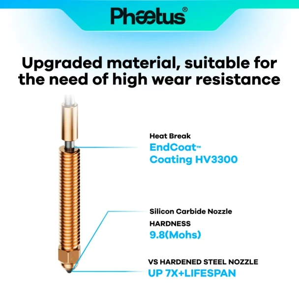 Phaetus Silicon Carbide Nozzle for Creality K2 Series with EndCoat HV3300 heat-break coating and extended wear resistance.