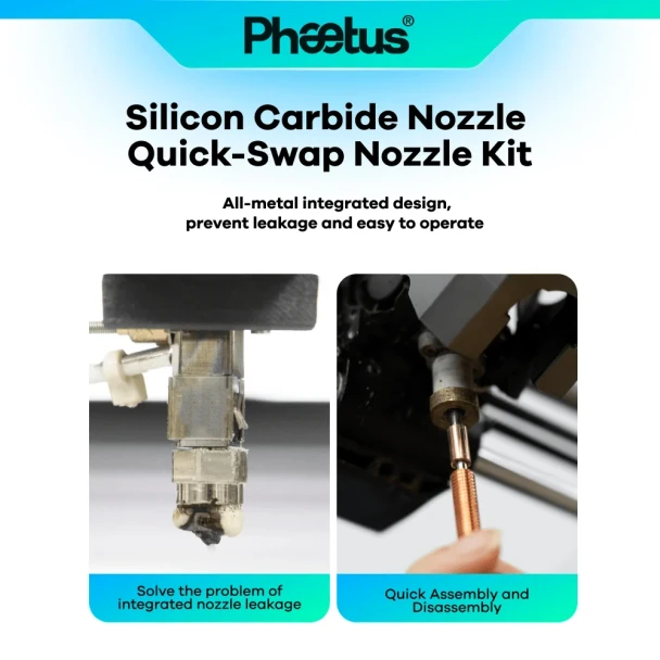 Phaetus Silicon Carbide Nozzle K2 Series quick-swap all-metal design for easier installation and reduced nozzle leakage.