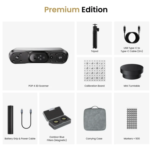 Revopoint POP 4 Premium Edition 3D scanner with tripod battery grip outdoor filters carrying case markers and turntable