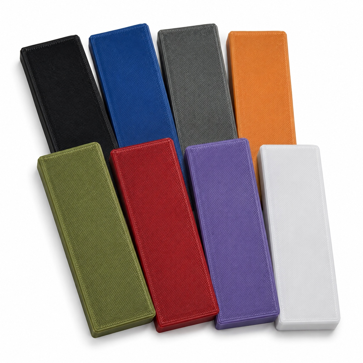 Matte PLA filament colour sample pack showing black, dark blue, dark grey, orange, green, red, purple, and white 3D printed sample bars on a white background.
