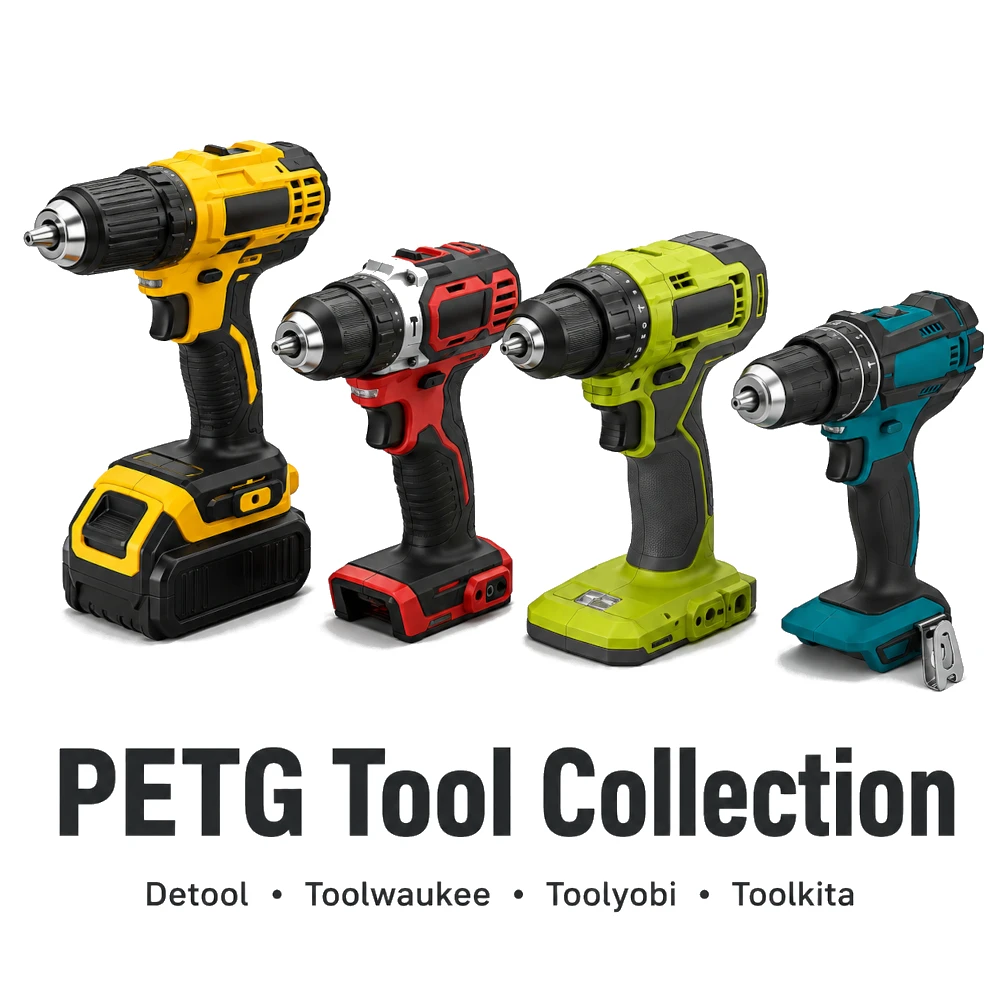 Spool3D PETG Tool Collection 1.75mm 3D printer filament in DeTool Yellow, Toolwaukee Red, Toolyobi Green and Toolkita Blue 1kg spools.
