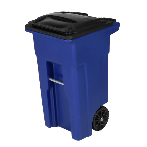 32 Gal. Blue Trash Can with Wheels and Attached Lid