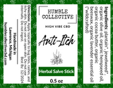 Humble Collective Anti-Itch Herbal Salve Stick label. 0.5 oz stick made with plantain, jewelweed, and lavender essential oil. Handmade in Michigan for bug bites, rashes, and skin irritation. Humble Collective Anti-Itch Herbal Salve Stick label. 0.5 oz stick made with plantain, jewelweed, and lavender essential oil. Handmade in Michigan for bug bites, rashes, and skin irritation.