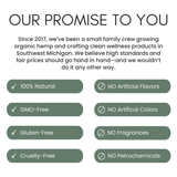 Humble Collective brand promise graphic outlining clean wellness standards: 100% natural, GMO-free, gluten-free, cruelty-free, no artificial flavors, colors, fragrances, or petrochemicals. Family-crafted in Southwest Michigan since 2017.