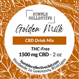 Humble Collective Golden Milk CBD Drink Mix – 300 mg THC-Free CBD per tin, 10-serving turmeric-based wellness blend, packaged with golden orange floral label, handmade in Lawrence, Michigan, displayed with leafy green background.