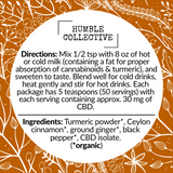 Humble Collective Golden Milk CBD Drink Mix – 300 mg THC-Free CBD per tin, 10-serving turmeric-based wellness blend, packaged with golden orange floral label, handmade in Lawrence, Michigan, displayed with leafy green background.