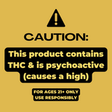 Bold yellow and black caution sign reading: 'CAUTION: This product contains THC & is psychoactive (causes a high).' Subtext: 'For ages 21+ only. Use responsibly.'