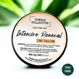 Humble Collective Intensive Renewal CBD Tallow Balm in 2 oz tin with 400 mg CBD isolate, featuring grass-fed beef tallow, castor oil, and frankincense for deep skin repair and moisture.