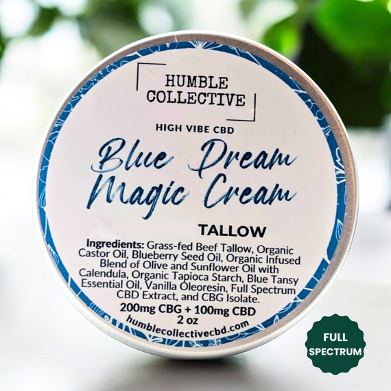 Humble Collective Blue Dream Magic Cream Whipped Tallow with 200 mg CBG and 100 mg CBD, full spectrum topical featuring blueberry seed oil and blue tansy in a 2 oz tin.