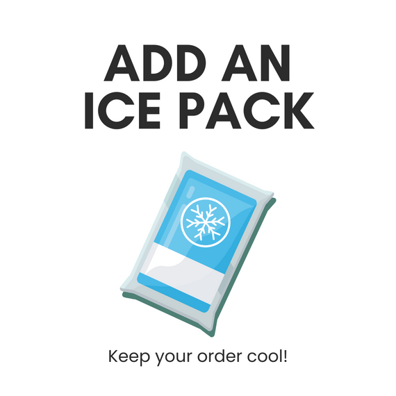 Reusable ice pack with text overlay “Add an Ice Pack – Keep Your Order Cool!” for temperature-sensitive product shipping. Reusable ice pack with text overlay “Add an Ice Pack – Keep Your Order Cool!” for temperature-sensitive product shipping.