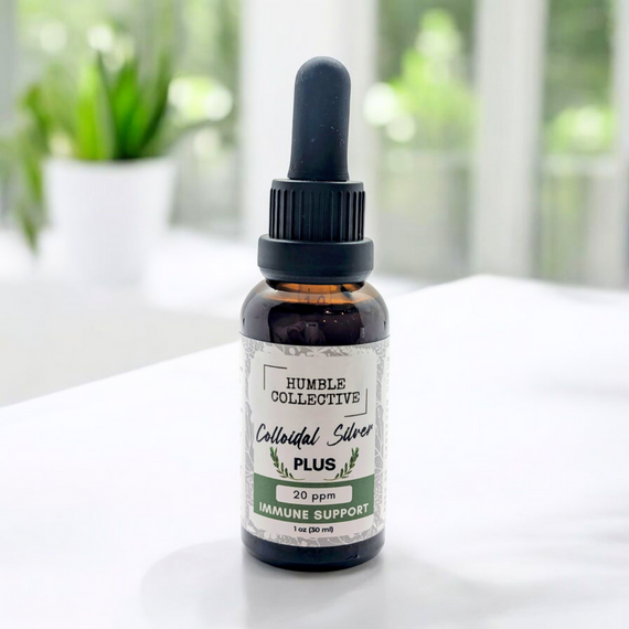Colloidal Silver Plus bottles in 1 oz sizes with dropper cap, labeled with Humble Collective branding Colloidal Silver Plus bottles in 1 oz sizes with dropper cap, labeled with Humble Collective branding
