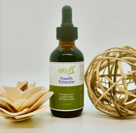 Abeca Naturals Fourth Trimester Postpartum Support Tincture 2 oz bottle, an herbal blend for new moms with ginger, raspberry leaf, nettles, tulsi, and motherwort, displayed with natural wooden decor.