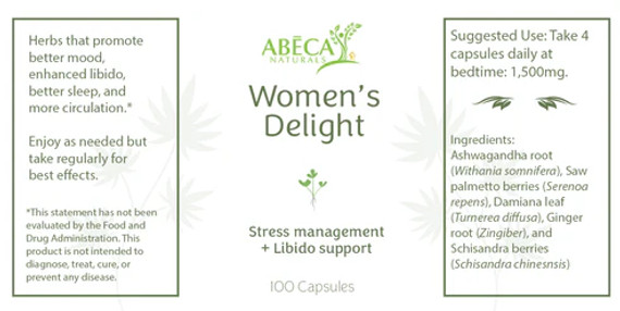 Abeca Naturals Women’s Delight Herbal Capsules 100-count bottle label, highlighting stress management and libido support with herbs including ashwagandha, saw palmetto, damiana, ginger, and schisandra. Abeca Naturals Women’s Delight Herbal Capsules 100-count bottle label, highlighting stress management and libido support with herbs including ashwagandha, saw palmetto, damiana, ginger, and schisandra.