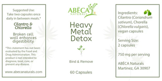 Abeca Naturals Heavy Metal Detox Capsules 60-count bottle label, featuring a blend of cilantro and chlorella for gentle daily detox, bind and remove support, vegan capsules, made in Martinez, Georgiac Abeca Naturals Heavy Metal Detox Capsules 60-count bottle label, featuring a blend of cilantro and chlorella for gentle daily detox, bind and remove support, vegan capsules, made in Martinez, Georgiac
