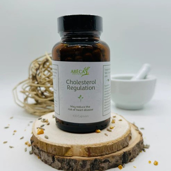 Abeca Naturals Cholesterol Regulation 100-count herbal capsule bottle, formulated with plantain, fenugreek, hawthorn, cayenne, black cohosh, and orange peel, displayed on a wooden slice with natural decor. Abeca Naturals Cholesterol Regulation 100-count herbal capsule bottle, formulated with plantain, fenugreek, hawthorn, cayenne, black cohosh, and orange peel, displayed on a wooden slice with natural decor.