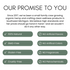 Graphic with the heading 'Our Promise to You.' Text explains that since 2017, Humble Collective has been a small family crew in Southwest Michigan, crafting clean wellness products with organic hemp and high standards. Includes green icons showing commitments: 100% Natural, GMO-Free, Gluten-Free, Cruelty-Free, No Artificial Flavors, No Artificial Colors, No Fragrances, and No Petrochemicals.