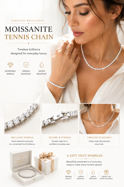Timeless elegance meets everyday luxury. Crafted with radiant moissanite stones for unmatched brilliance, this tennis necklace is designed to elevate any look with premium shine, lasting durability, and effortless sophistication.
