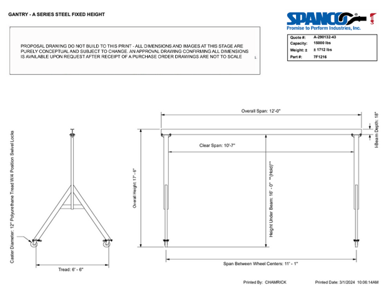 7F1216 GANTRY CRANE 7.5 TON 12' SPAN - A SERIES STEEL 17.5 FIXED HEIGHT SPANCO