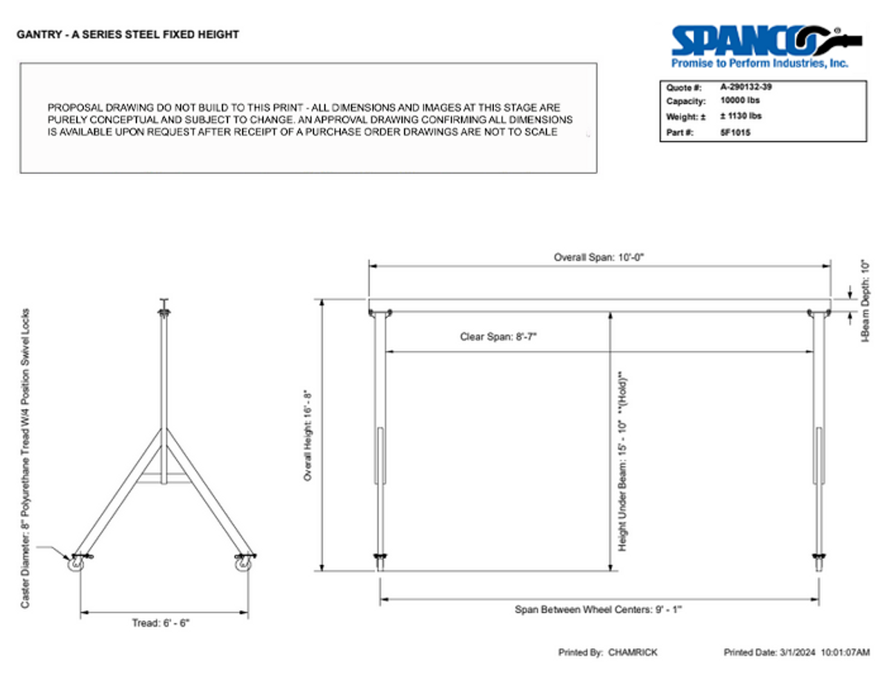 5F1215  5 TON GANTRY CRANE, SPAN, 12' - 17' STEEL FIXED HEIGHT SPANCO
