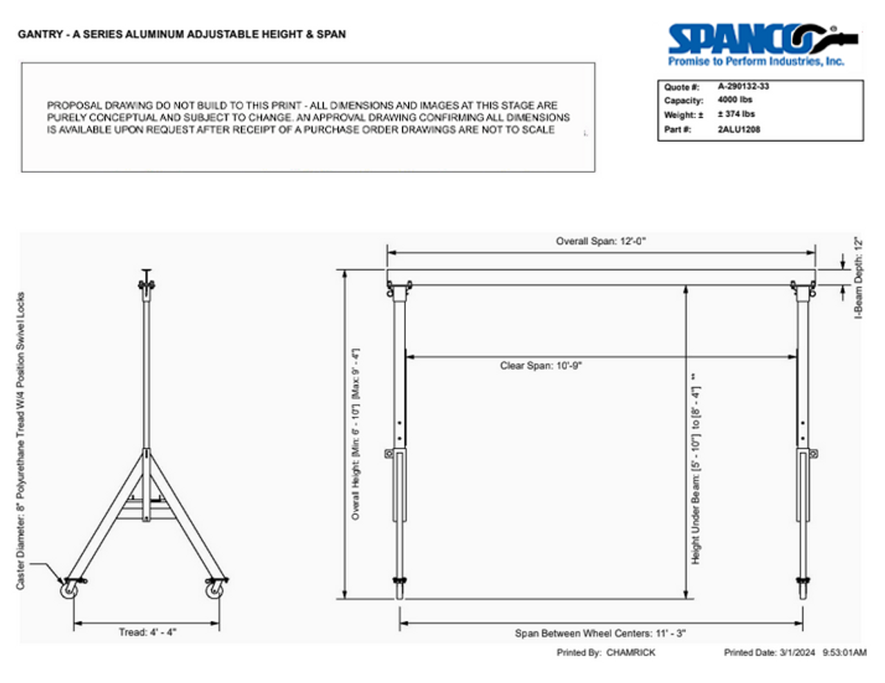 2ALU1208 GANTRY CRANE - 2 TON, 12' SPAN, A SERIES ALUMINUM ADJUSTABLE HEIGHT Overall Height: Min: 6' - 10'' Max: 9' - 4'' SPANCO