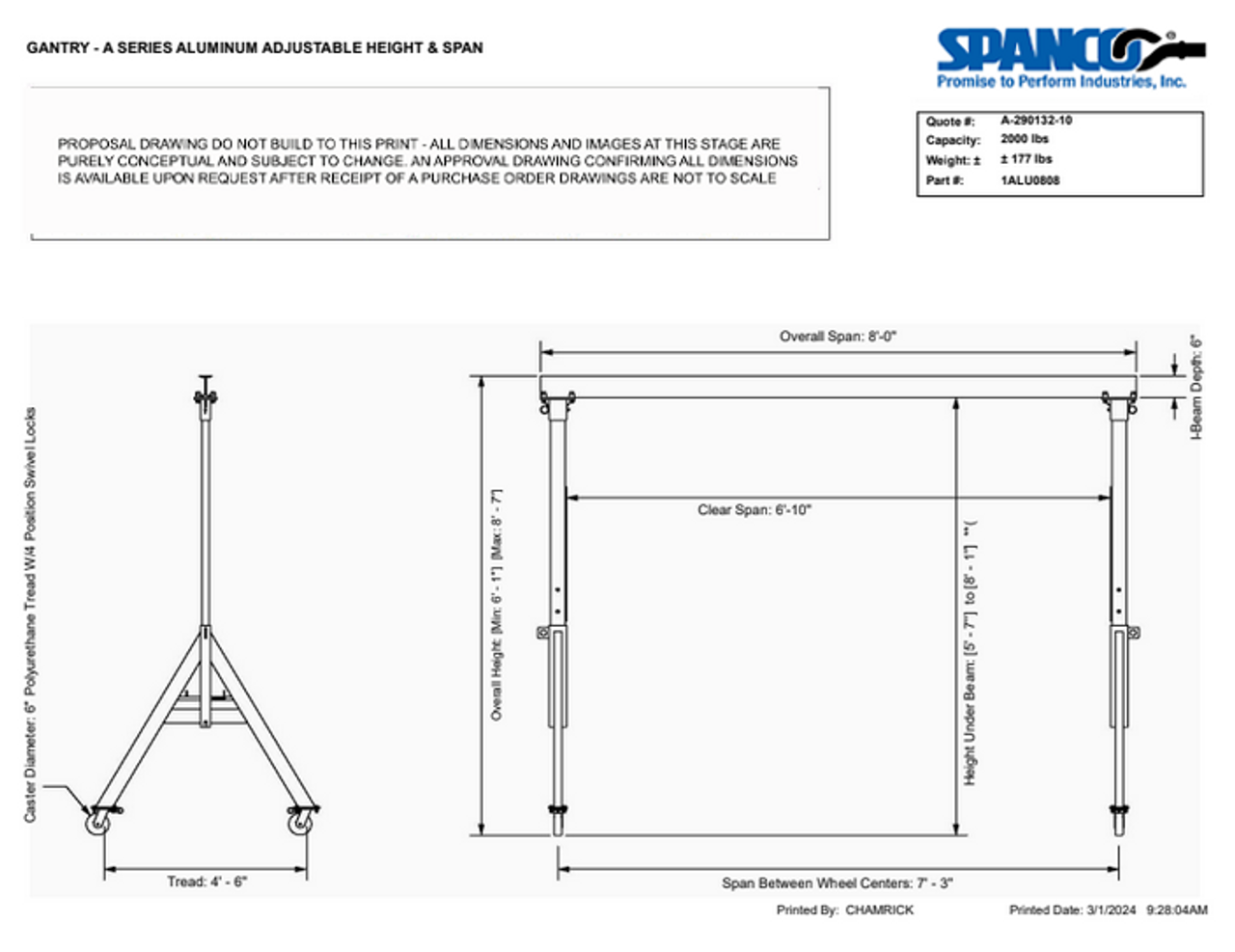 1ALU0808 GANTRY CRANE - 1 TON, 8' SPAN, A SERIES ALUMINUM ADJUSTABLE HEIGHT Min: 6' - 1'' Max: 8' - 7'' SPANCO